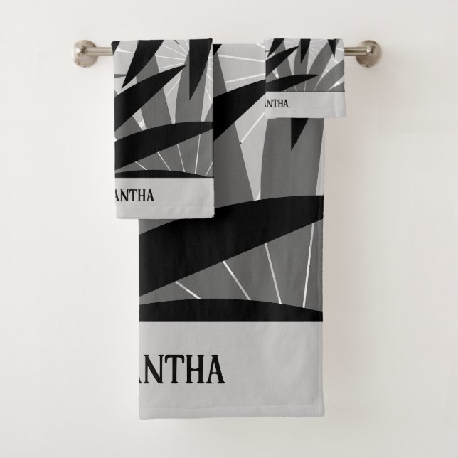 Classy Black Grey White geometric Leaves Pattern Bath Towel Set (Insitu)