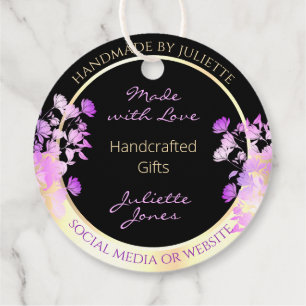 Classy Black Purple Flowers and Gold Thank You Favour Tags