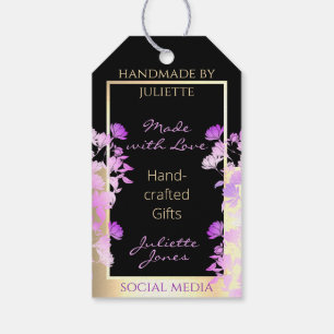 Classy Black Purple Flowers and Gold Thank You Gift Tags