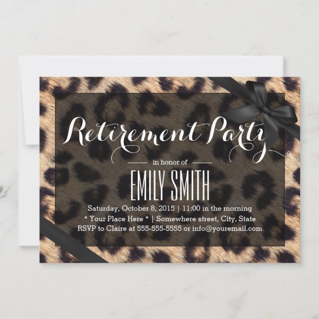 Classy Black Ribbon Leopard Print Retirement Party Invitation (Front)