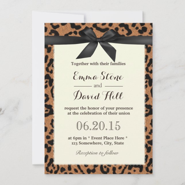 Classy Black Ribbon Leopard Print Wedding Invitation (Front)