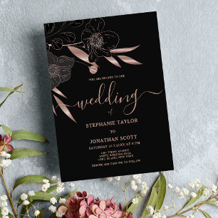 Classy black rose gold floral elegant wedding invitation