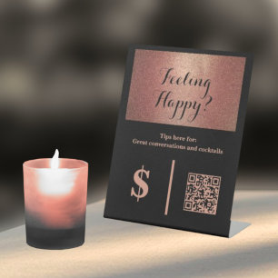 Classy Black & Rose Gold QR Code Bartender Tip Pedestal Sign