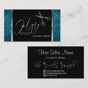 Classy Black, Silver and Blue Hair Stylist Business Card