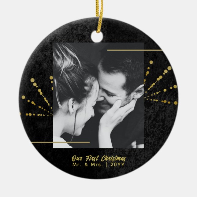 Classy Black Velvet Gold Fireworks First Christmas Ceramic Ornament (Front)