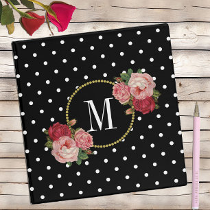 Classy Black Vintage Pink Flowers Dots Monogram Binder