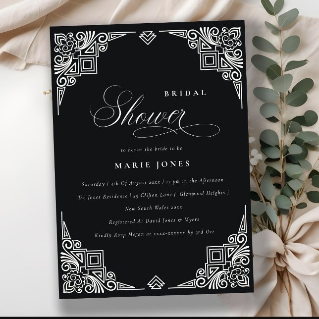 Classy Black White Art Deco Ornate Bridal Shower Invitation (Creator Uploaded)