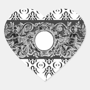 Classy black white Baroque pattern to customise Heart Sticker