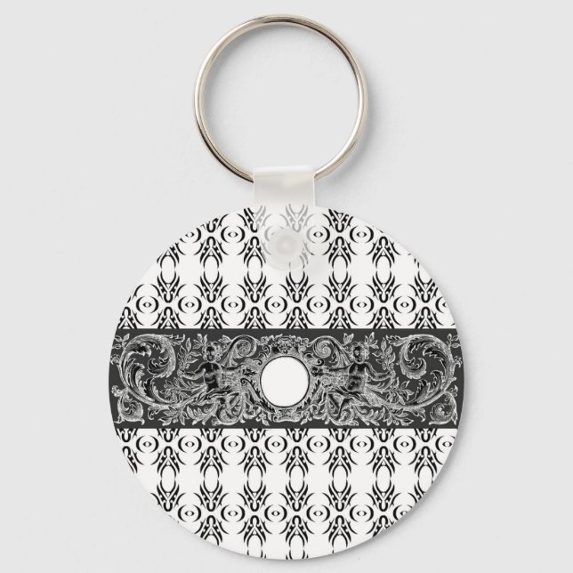 Classy black white Baroque pattern to customise Keychain (Front)