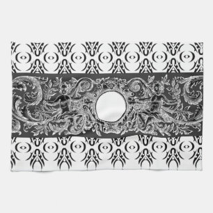 Classy black white Baroque pattern to customise Kitchen Towel