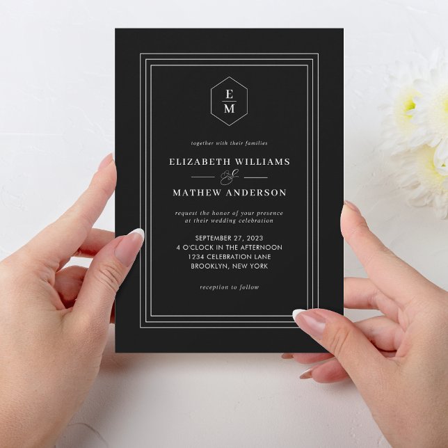 Classy Black White Border Monogram Wedding Invitation (Creator Uploaded)