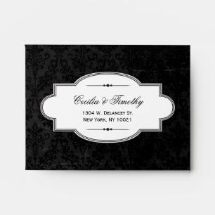 Classy Black & White Damask Wedding RSVP Linen A2 Envelopes