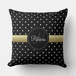 Classy Black & White Dotted, Gold Ribbon Monogram Throw Pillow