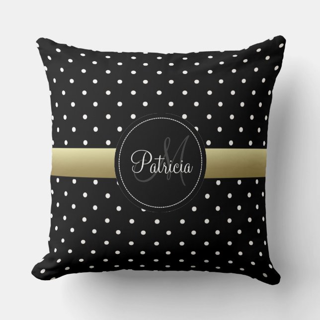 Classy Black & White Dotted, Gold Ribbon Monogram Throw Pillow (Front)