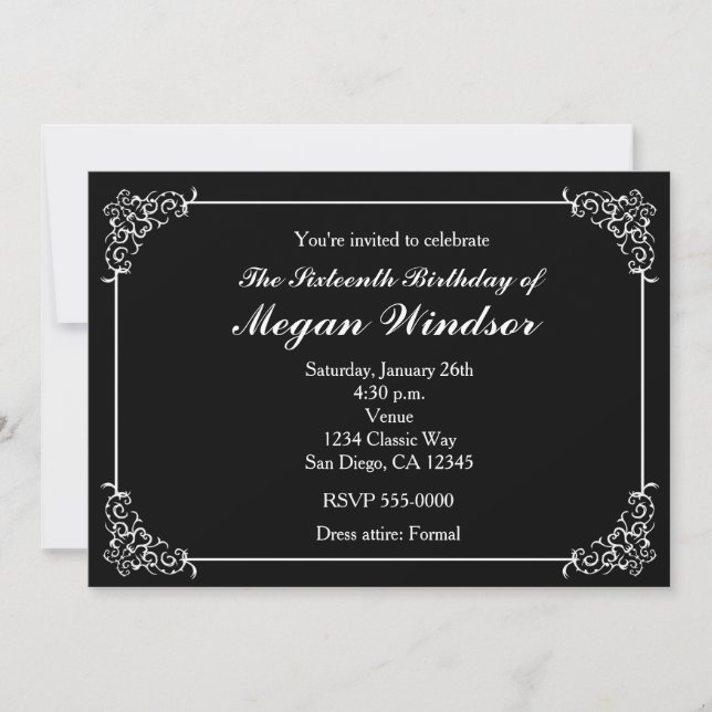 Classy Black & White Elegant Party Invitations (Devant)