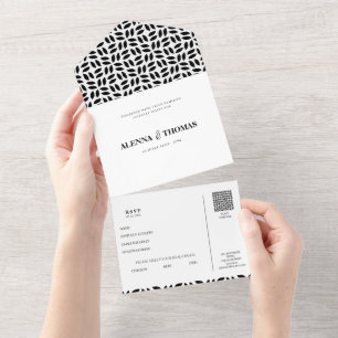 Classy black white geometric floral wedding all in one invitation