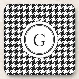Classy black white houndstooth pattern monogram coaster