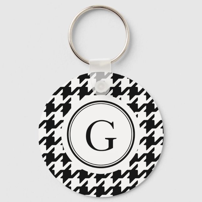 Classy black white houndstooth pattern monogram keychain (Front)