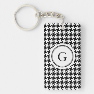 Classy black white houndstooth pattern monogram keychain
