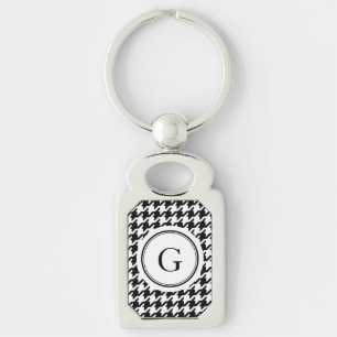 Classy black white houndstooth pattern monogram keychain