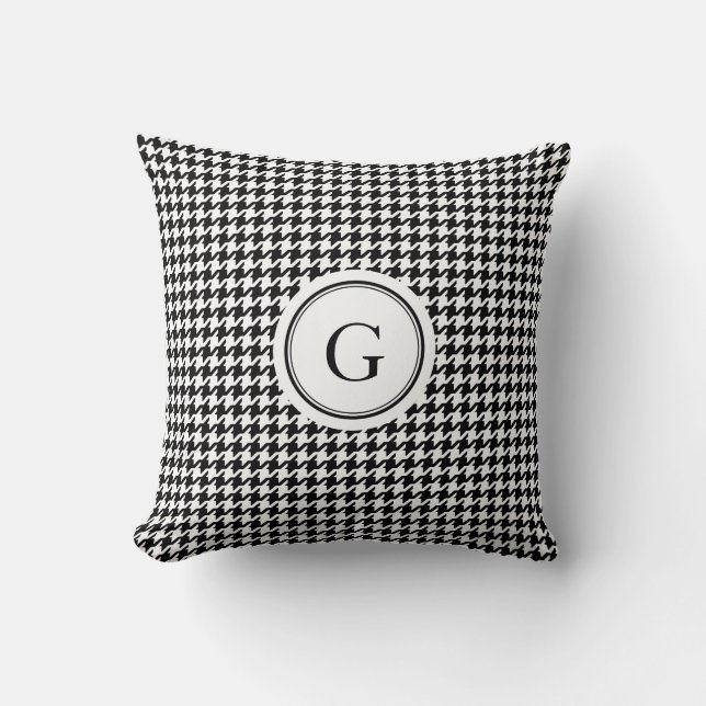Classy black white houndstooth pattern monogram throw pillow (Front)