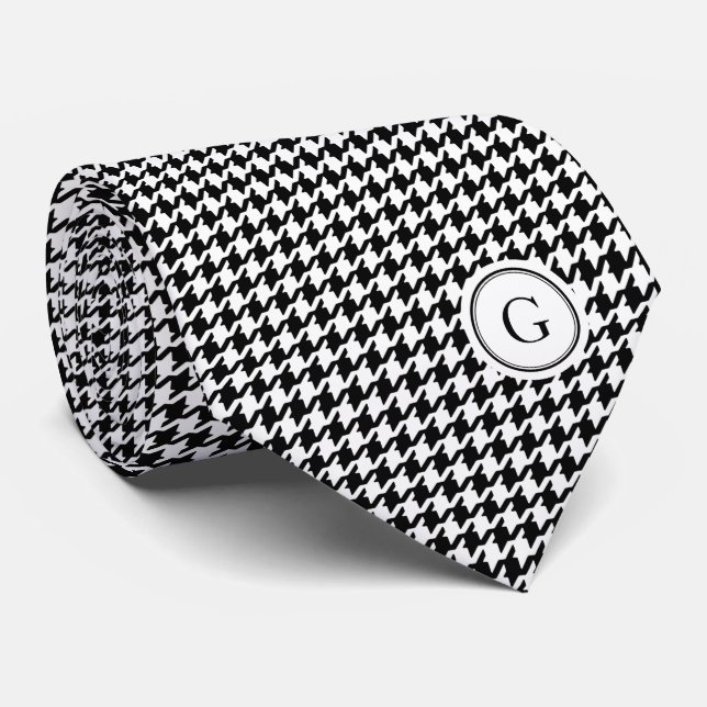 Classy black white houndstooth pattern monogram tie (Rolled)