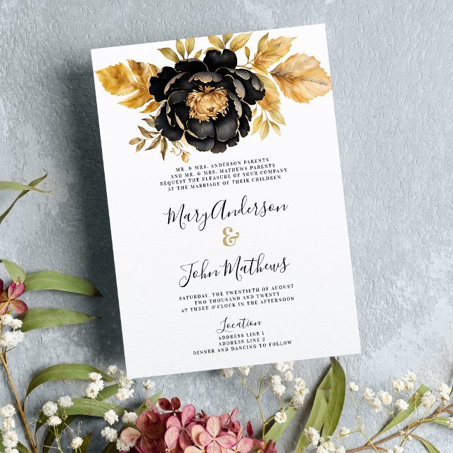 Classy black white ivory gold peony floral Wedding Invitation (Classy black white ivory gold peony floral Wedding )