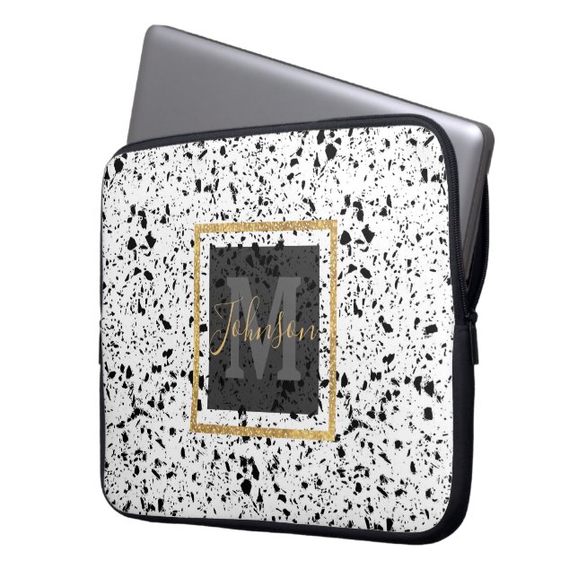 Classy Black White Marble Terrazzo Laptop Sleeve (Front Left)
