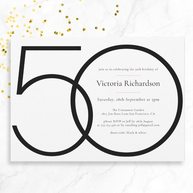 Classy Black White Modern Minimalist 50th Birthday Invitation (Mockup View)
