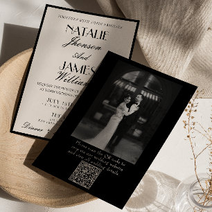 Classy Black White Old Money Photo QR Code Wedding Invitation