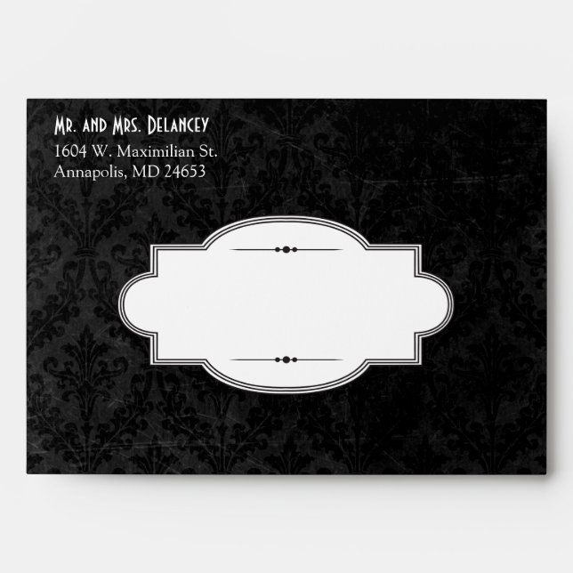 Classy Black & White: Script & Damask Linen A-7 Envelope (Front)