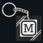 Classy Black & White Simple Square Lined Monogram Keychain<br><div class="desc">A classy black & white design consisting of a white rectangular square in the middle with elegant black and white lines on either side. Includes a fully customizable black initialled monogram in the middle. All elements in this design are fully customizable, meaning you can change any element to any colour,...</div>