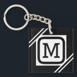 Classy Black & White Simple Square Lined Monogram Keychain<br><div class="desc">A classy black & white design consisting of a white rectangular square in the middle with elegant black and white lines on either side. Includes a fully customizable black initialled monogram in the middle. All elements in this design are fully customizable, meaning you can change any element to any colour,...</div>