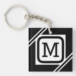 Classy Black & White Simple Square Lined Monogram Keychain