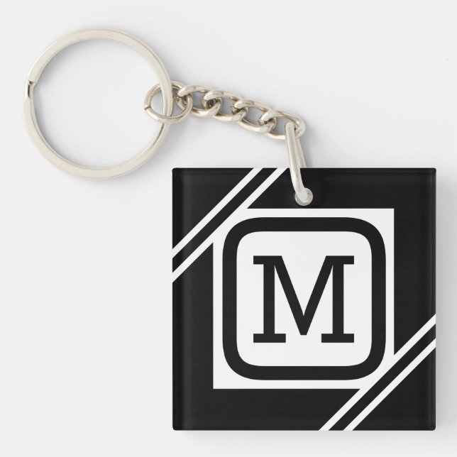 Classy Black & White Simple Square Lined Monogram Keychain (Front)
