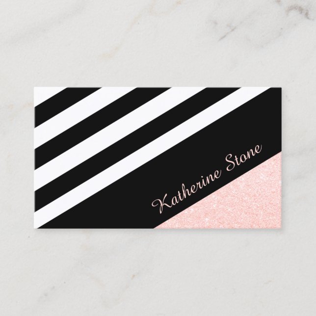 Classy black & white stripe rose gold glitter business card (Front)