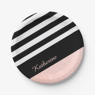 Classy black & white stripe rose gold glitter paper plate
