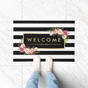 Classy Black White Stripes Beautiful Floral Decor Doormat