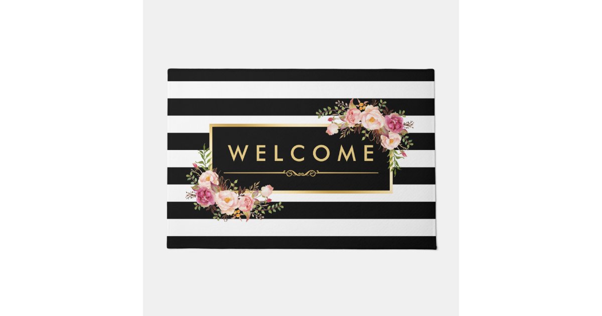 Classy Black White Stripes Beautiful Floral Decor Doormat Zazzle Ca