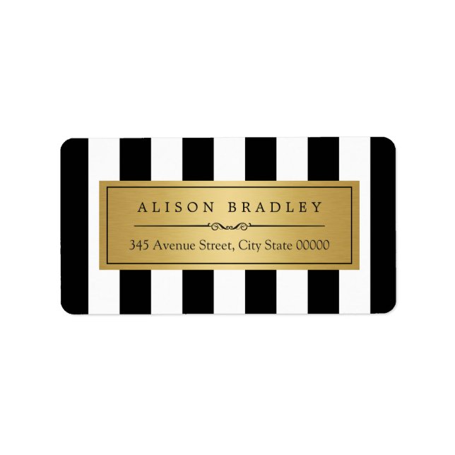 Classy Black White Stripes Bold Gold Label (Front)