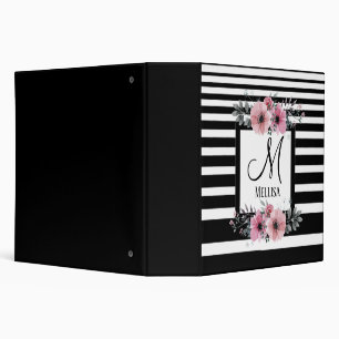 Classy black white stripes floral monogram name p binder