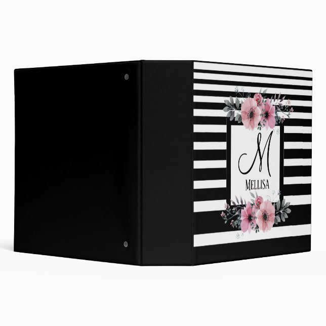 Classy black white stripes floral monogram name  p binder (Background)