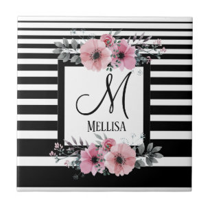 Classy black white stripes floral monogram name tile