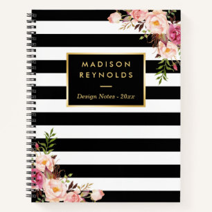 Classy Black White Stripes Floral Personal Notes Notebook