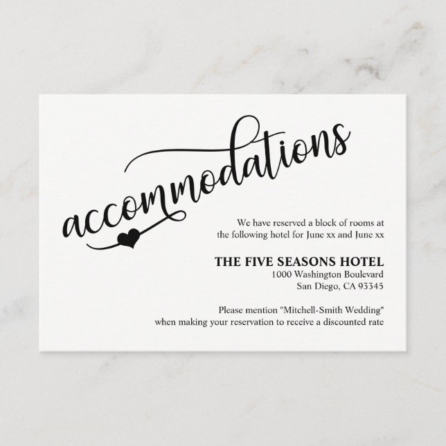 Classy Black & White Wedding Accommodation Card (Front)