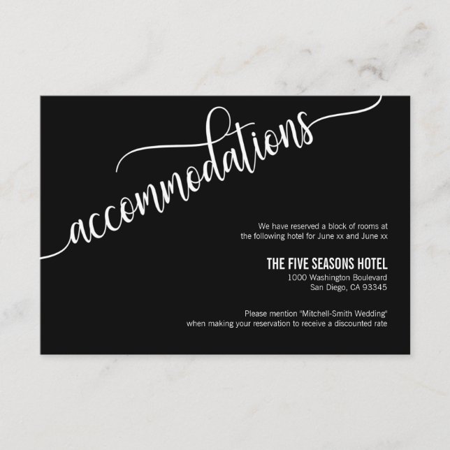 Classy Black & White Wedding Accommodation Card (Front)