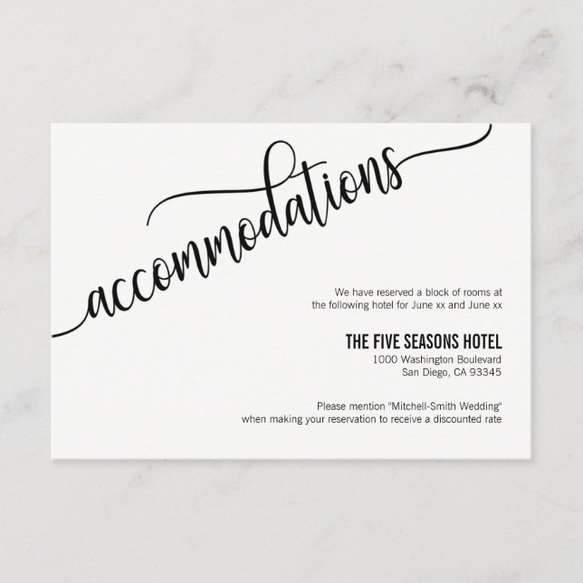 Classy Black & White Wedding Accommodation Card (Front)