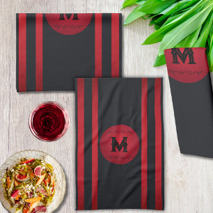 Classy Black With Red Stripe Modern Initial Kitchen Towel