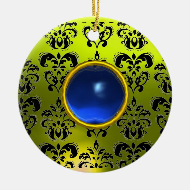 CLASSY BLACK YELLOW DAMASK GEM STONE CERAMIC ORNAMENT (Front)