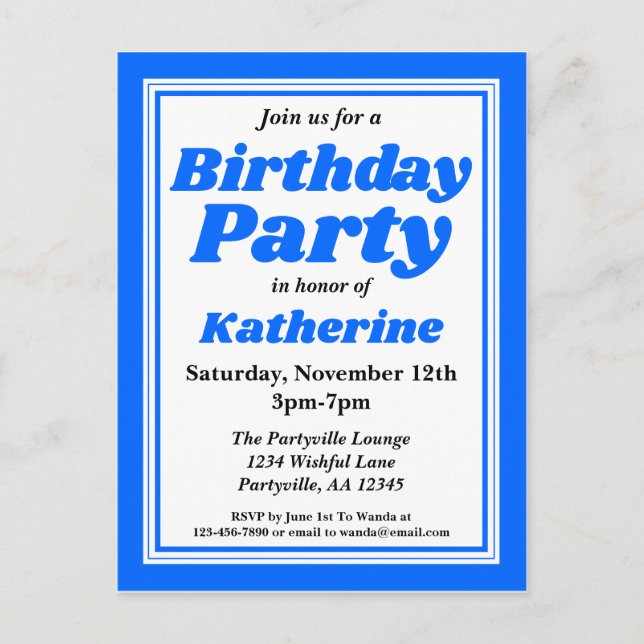 Classy Blue Adult Birthday Party Invitation Postcard (Front)